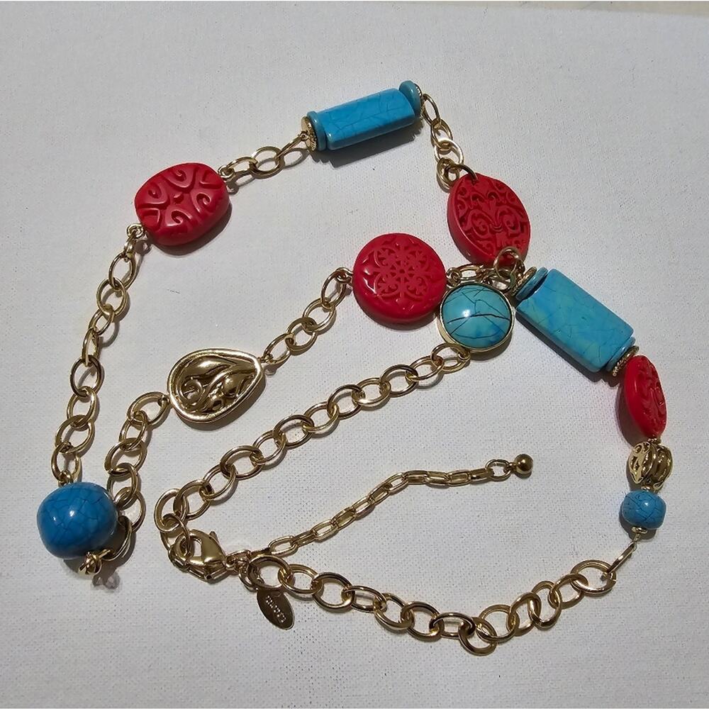 Chico's Gold Tone Red and Turquoise Station Necklace